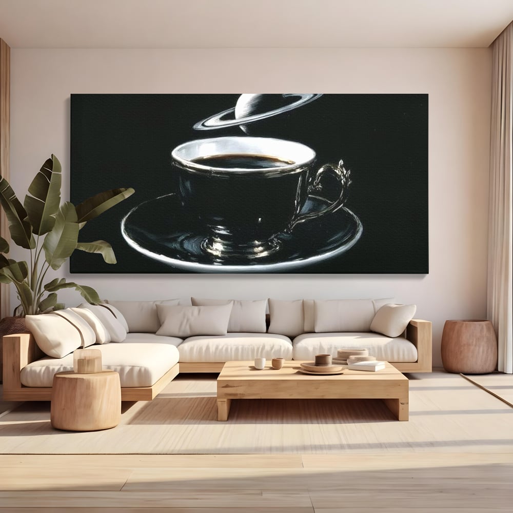 Tablou canvas cu tablou canvas cu ceasca de cafea si planeta, fara rama, pe sasiu de lemn, pe perete intr-un living